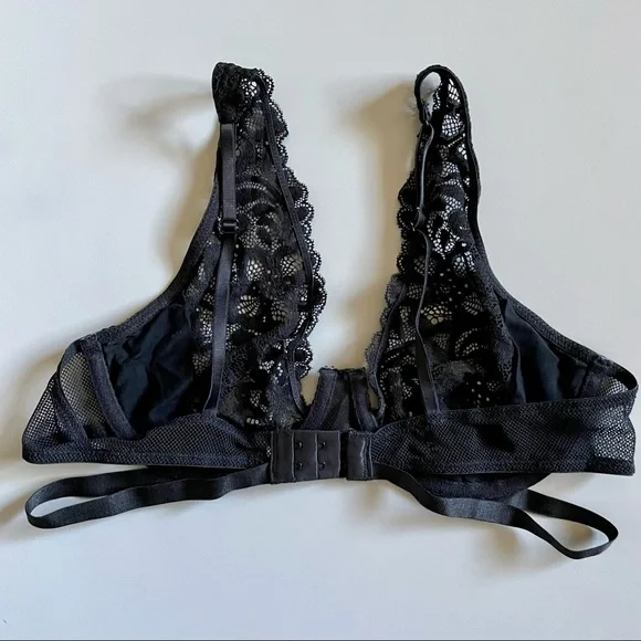 Black Strappy Bra Floral Lace Mesh Sides 34C Underwire No Tag Lingerie - Picture 5 of 12